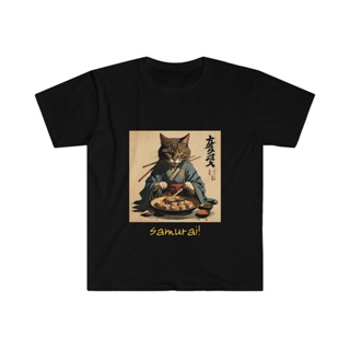 เสื้อยืด ผ้าฝ้าย พิมพ์ลายการ์ตูนแมว ซามูไร ราเมน สไตล์ญี่ปุ่น อินเทรนด์วินเทจ สําหรับผู้ชาย และผู้หญิง