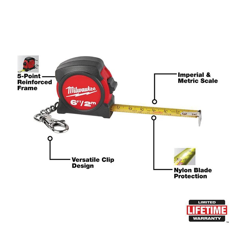 Milwaukee 48-22-1706 Compact Keychain Tape Measure – 6ft / 2m (Metric & SAE) – Red