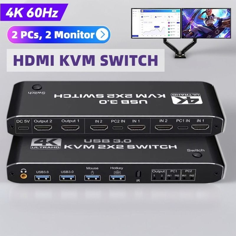 4K 60Hz 2x2 HDMI KVM Switch สําหรับ 2 PCs Dual Monitor - เสียง USB, การ ...