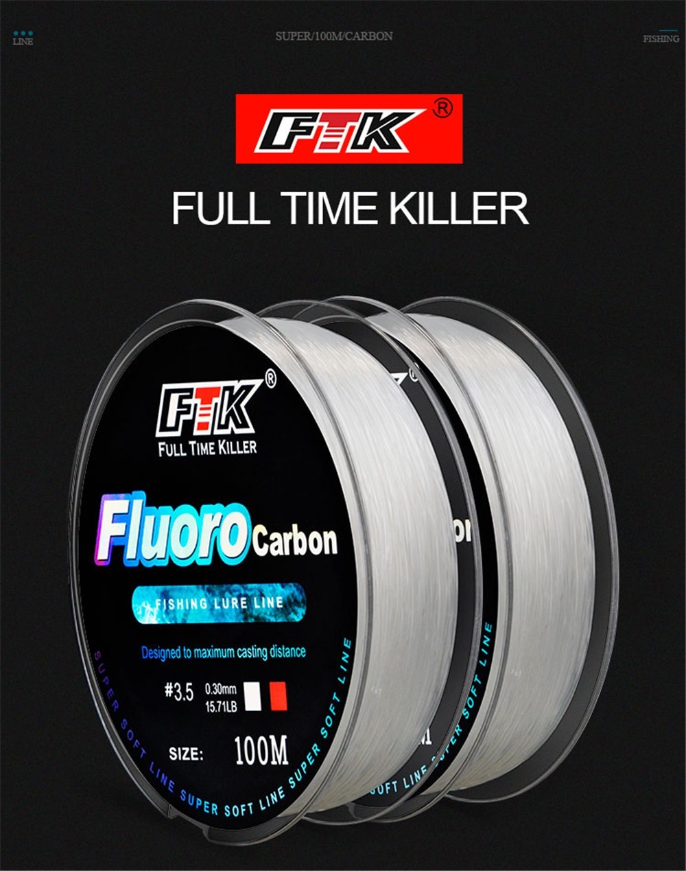 FTK 100M Fluorocarbon Coating 4.136LB-34.32LB Carbon Fiber Monofilament ...