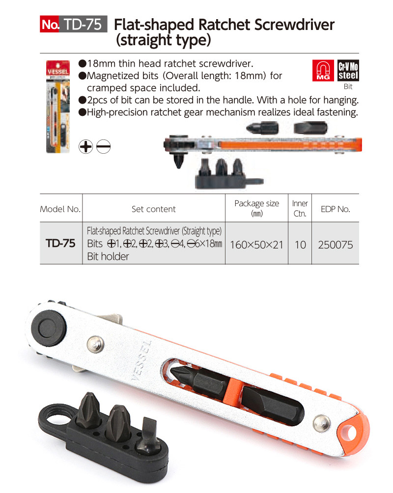 VESSEL Mini Rachet ชุดประแจพร้อม Bits Low-Profile แบนแผ่นไขควงวงล้อ 1/4 ...