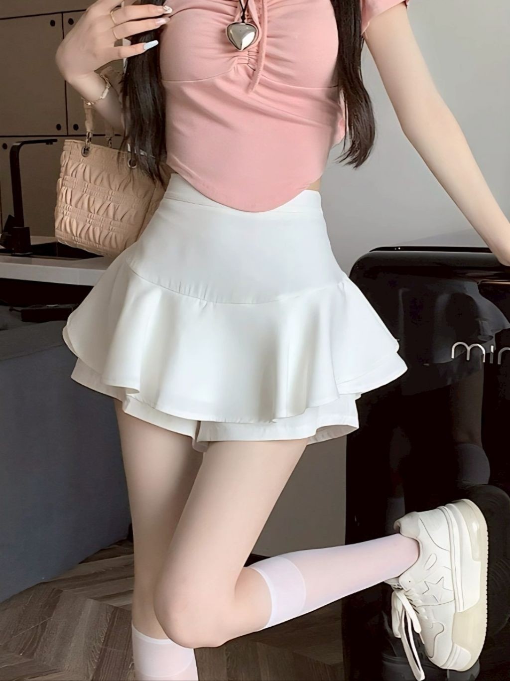 Elves พร้อม💟 กระโปรงกางเกงเอวสูง ทรงปลายบาน สีขาวดำ ใส่สบาย สไตล์เกาหลี ...