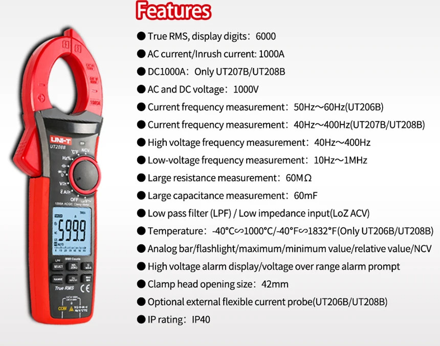 UNI-T UT208B (แท้ ส่งจากไทย) True RMS Digital clamp Meter AC DC Current ...