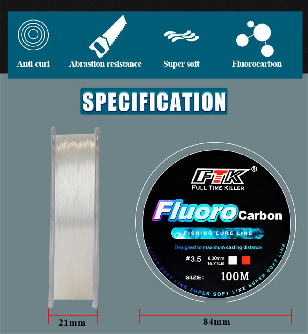 FTK 100M Fluorocarbon Coating 4.136LB-34.32LB Carbon Fiber Monofilament ...