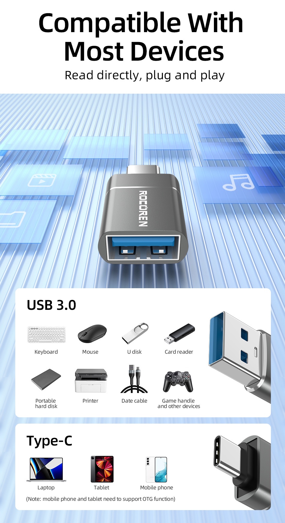 Rocoren อะแดปเตอร์แปลง OTG USB Type C ตัวผู้ เป็น USB A 3.0 ตัวเมีย ...
