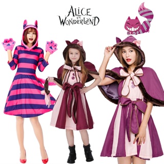 Alice In Wonderland ผู้หญิง สีม่วง เชสเชียร์ แมว เครื่องแต่งกาย สําหรับฮาโลวีน เครื่องแต่งกาย คอสเพลย์ หน้ากาก ชุดแฟนซี