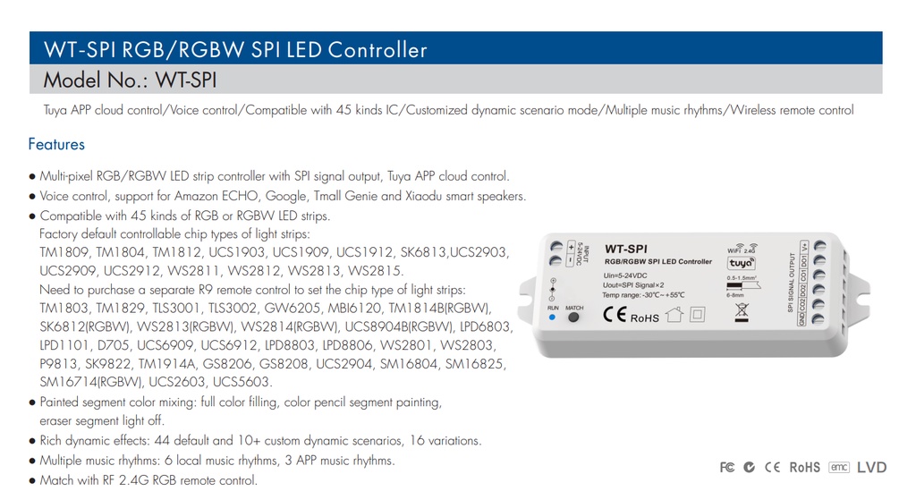 Tuya ตัวควบคุมไฟ LED พิกเซล DC5V-24VDC 2.4G RF SPI WT-SPI DC12V Tuya ...