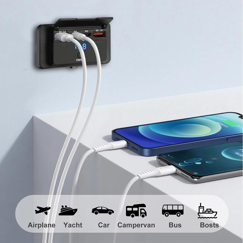 จอแสดงผลแรงดันไฟฟ้า RV USB Outlet Dual QC3.0 USB A & USB C พอร์ตชาร์จซ็ ...