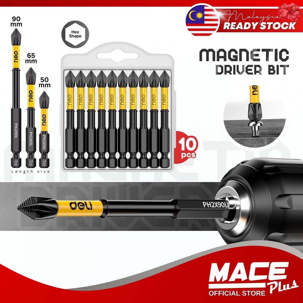 10pcs DELI 50/65/90 มม.Hex Shank Magnetic Driver Bit ชุดหกเหลี่ยม Anti ...