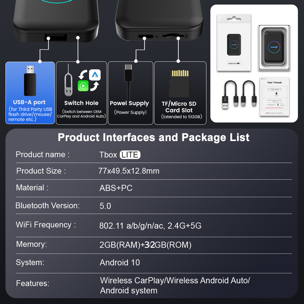 Carlinkit Carplay Ai Box Lite Android 10 2 + 32GB Allwinner A133 Quad ...
