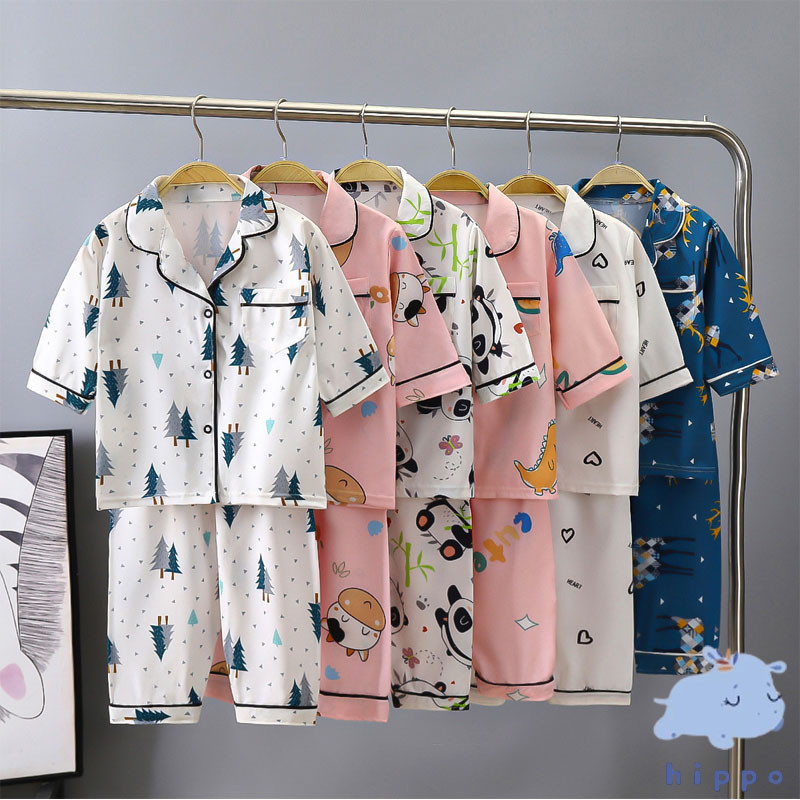 เซ็ตชุดนอนลายการ์ตูนผ้าซาติน ผ้าลื่น กางเกงขายาว Cartoon pattern ...