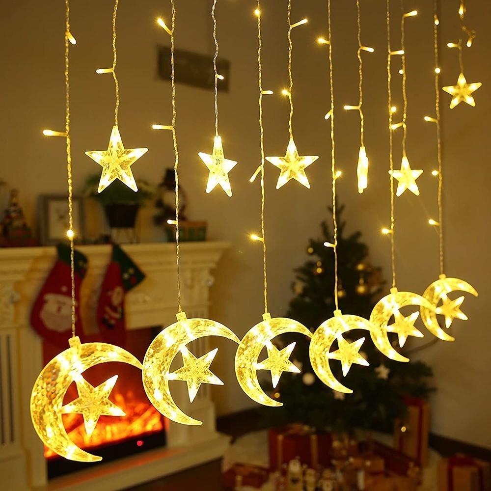 พร้อมสต็อก Raya Star Moon Curtain String Lights 8 โหมด LED String Solar ...