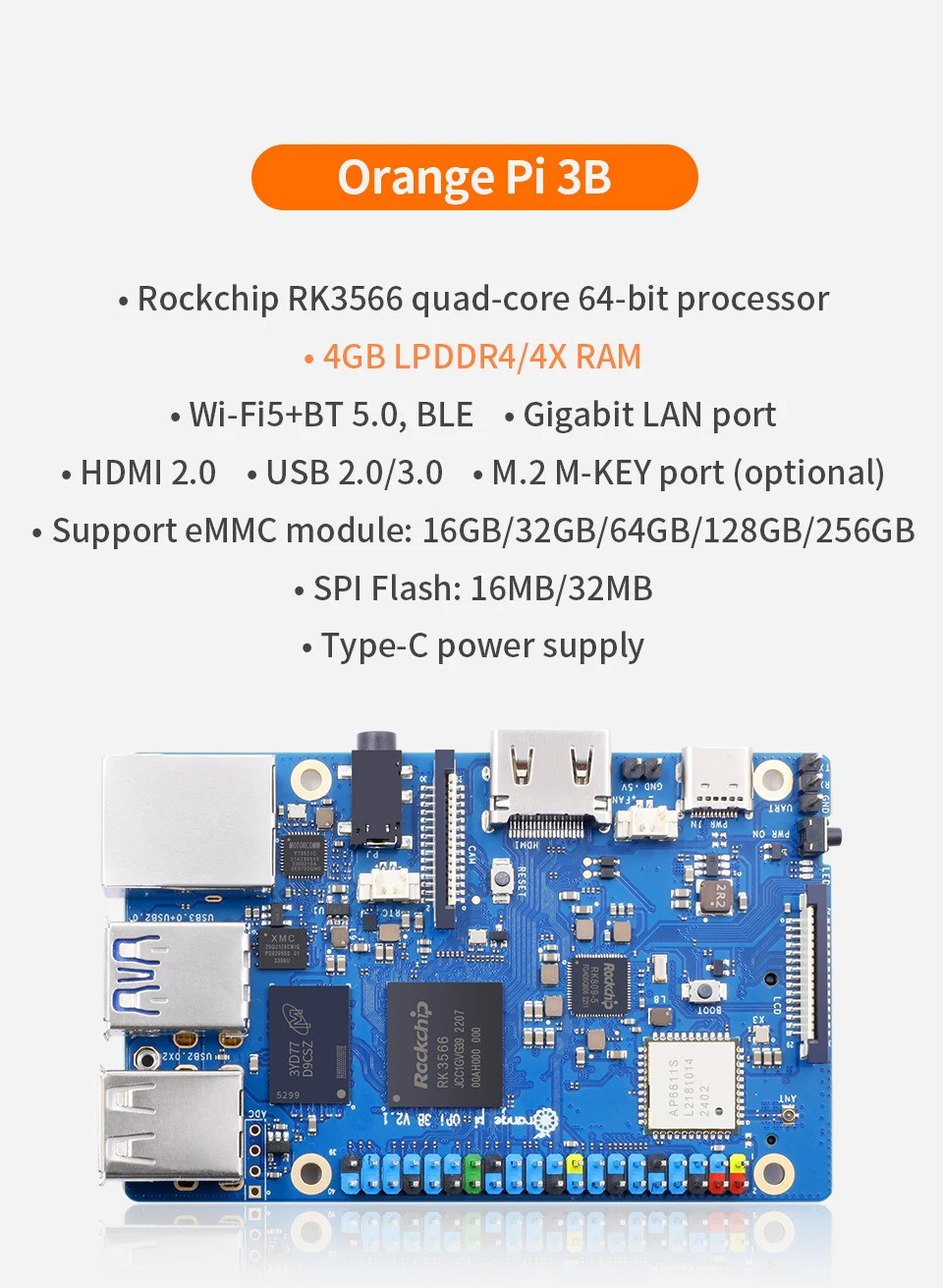 สีส้ม Pi 3B 4GB Ram Development Board RK3566 ชิปสูงสุด 1.8GHz WIFI-BT ...