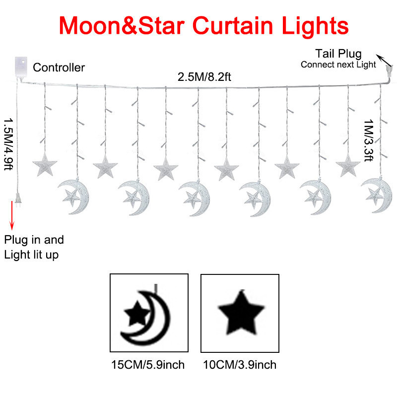 พร้อมสต็อก Raya Star Moon Curtain String Lights 8 โหมด LED String Solar ...