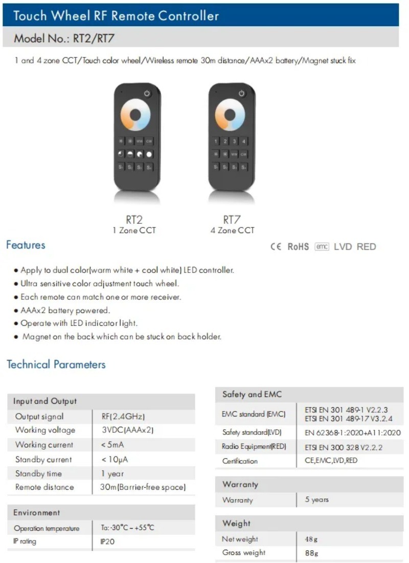 Wt1 LED Controller RT1/2 TW1/2 Tuya WiFi LED Dimmer 12V 24V 36V DC 2CH ...