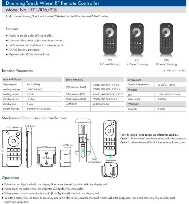 Wt1 LED Controller RT1/2 TW1/2 Tuya WiFi LED Dimmer 12V 24V 36V DC 2CH ...