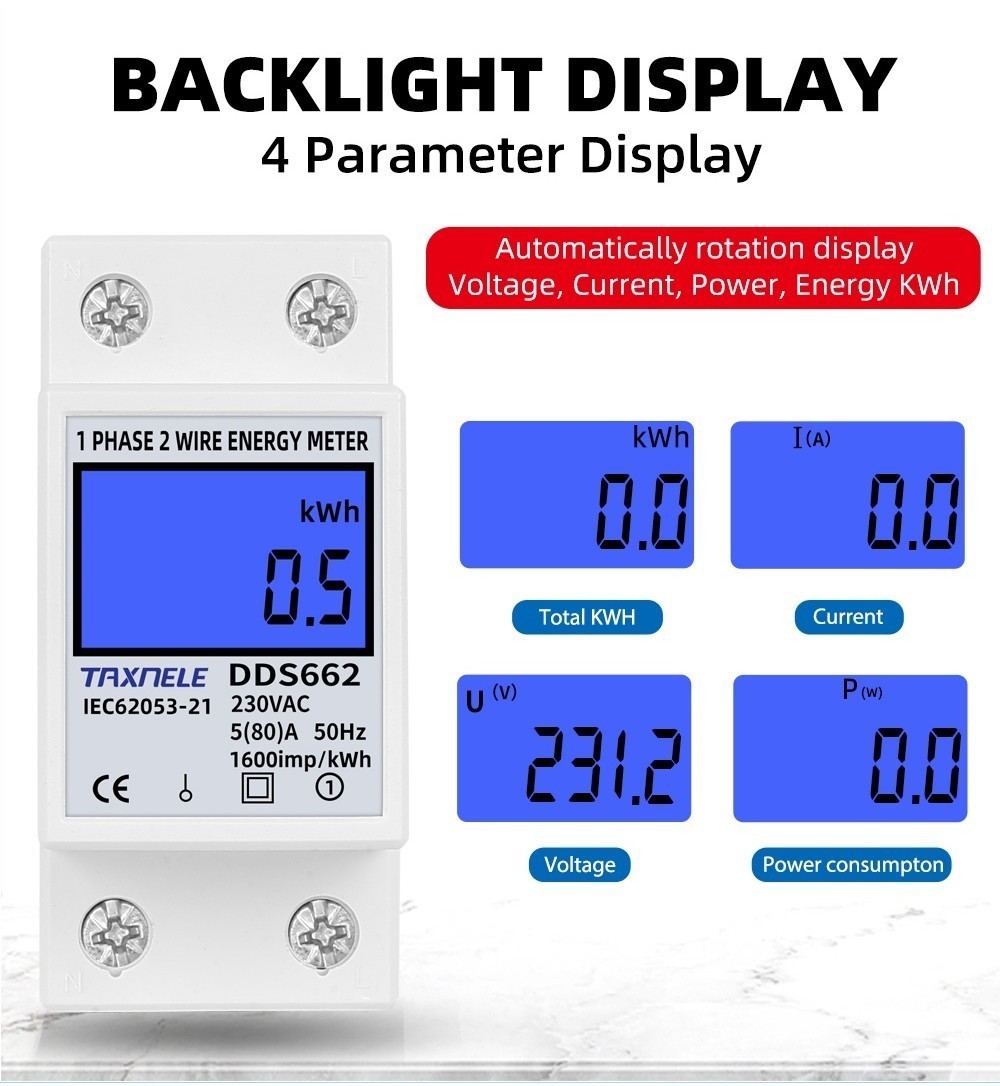 Taxnele Din rail Power Energy Meter 80A LCD Backlight Single Phase ...