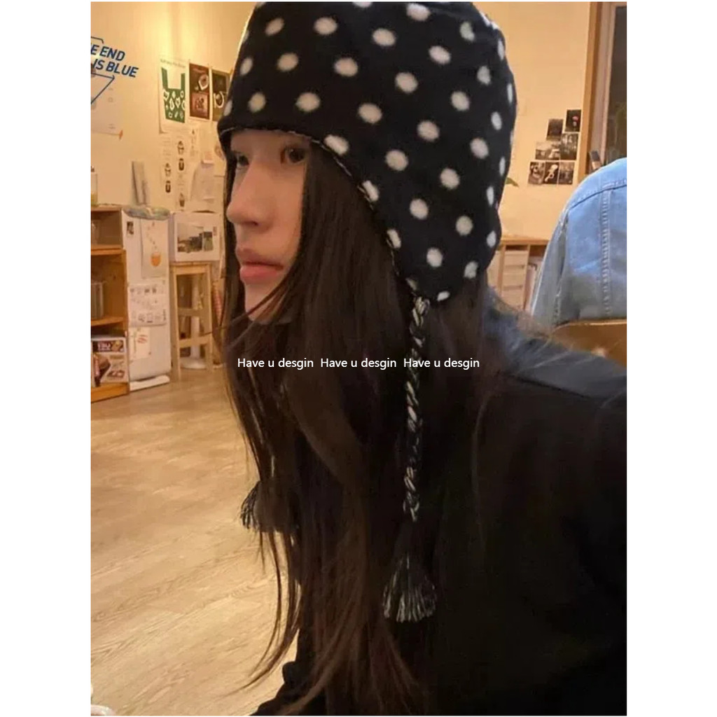 มี u desgin สองด้านเกาหลีย้อนยุค Polka Dot Tether Twist Braid หมวกฤดู ...