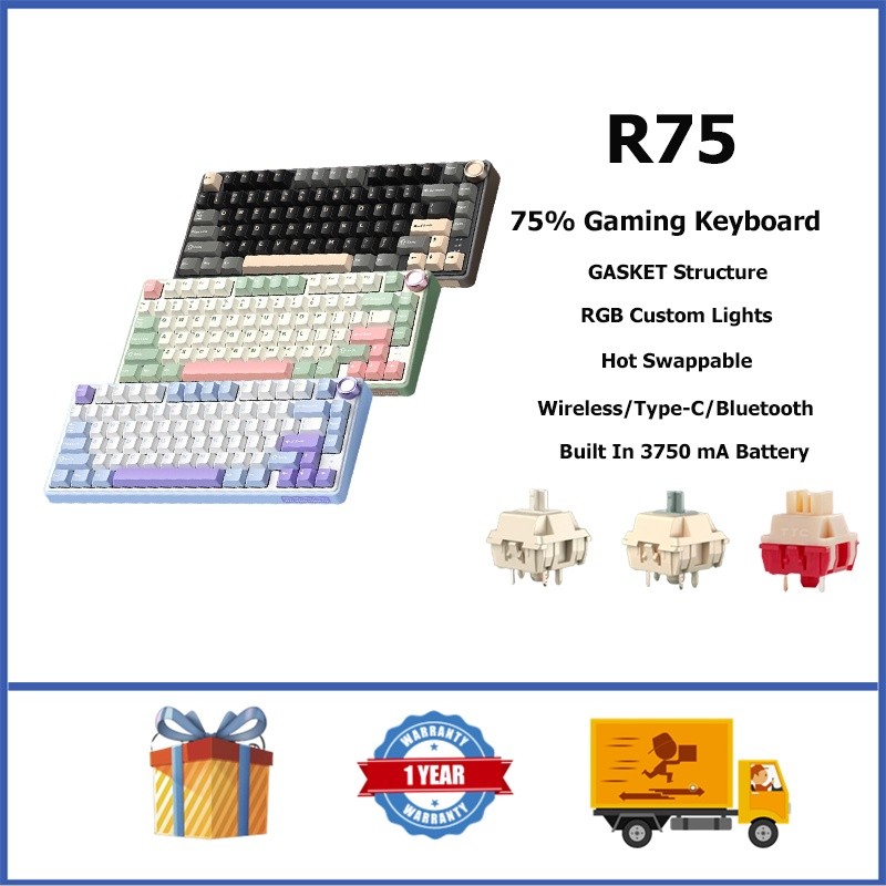 Rk R75 คีย์บอร์ดเกมมิ่งไร้สาย 75% ไฟ RGB พร้อมลูกบิด | Shopee Thailand
