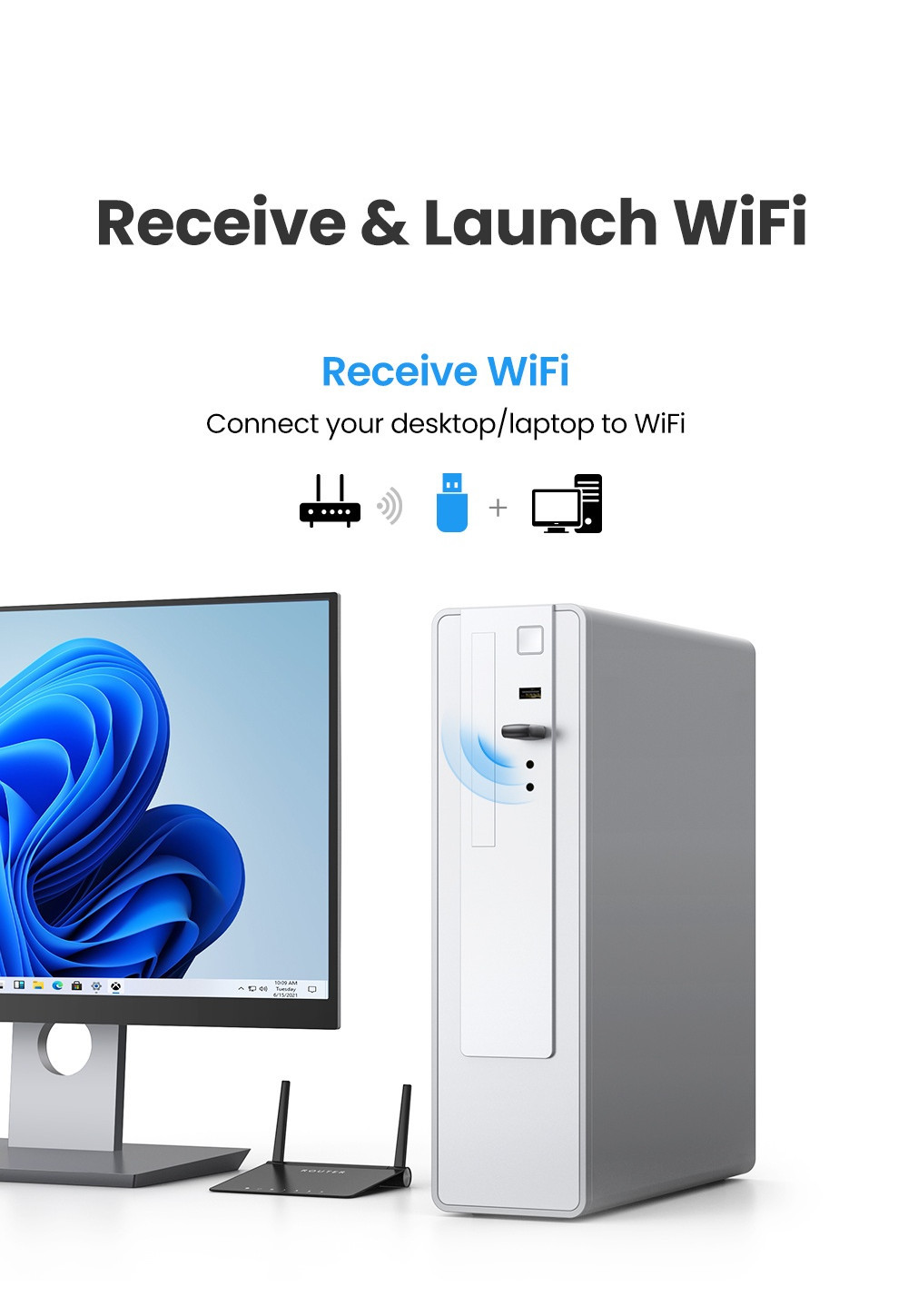 UGREEN รุ่น 20204 AC650 USB WiFi Adapter for Desktop PC 5G 2.4G Dual ...