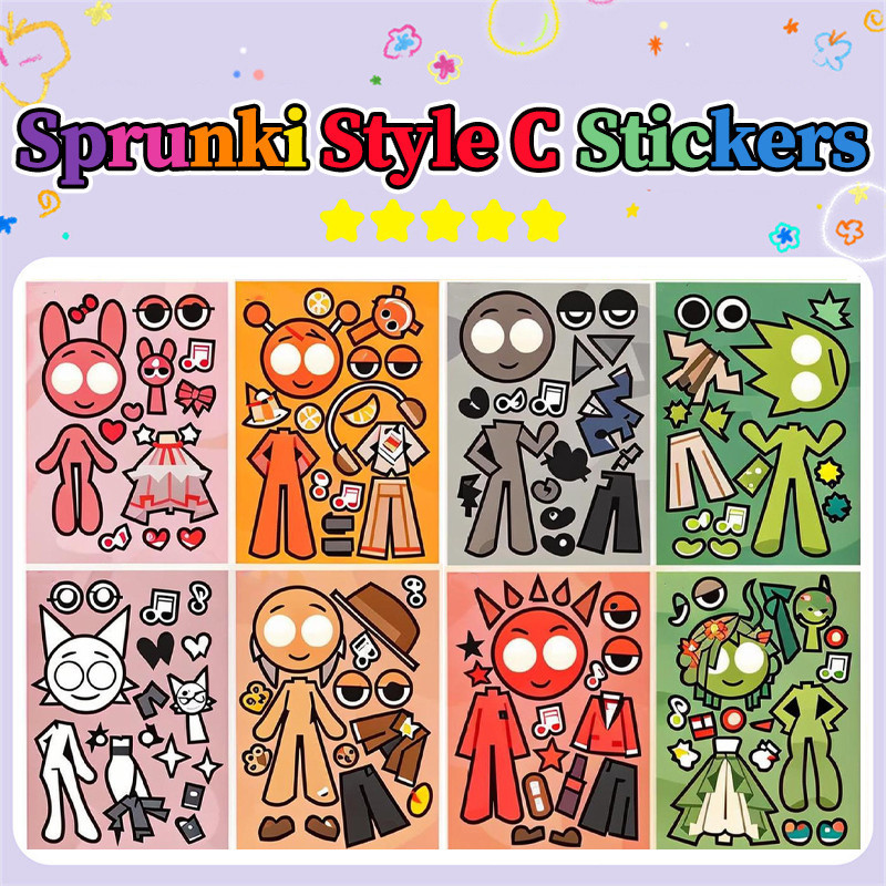 8 ชิ้น Sprunki เด็กปริศนาการ์ตูน DIY Dress Up สติกเกอร์เพลงเกม Sprunki ...
