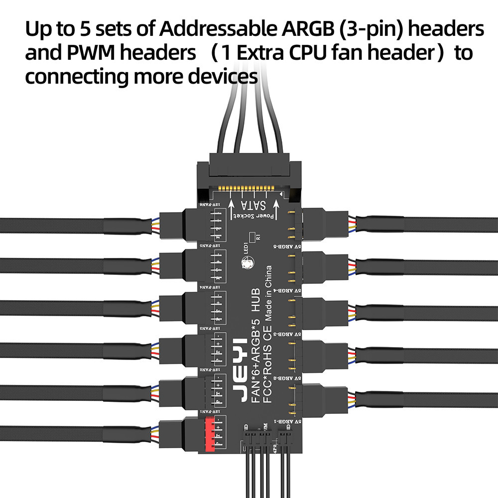 Jeyi ARGB PWM ฮับพัดลม 5 ทาง 12V 4Pin PWM และ 5V 3Pin ARGB 2-in-1 พัดลม ...