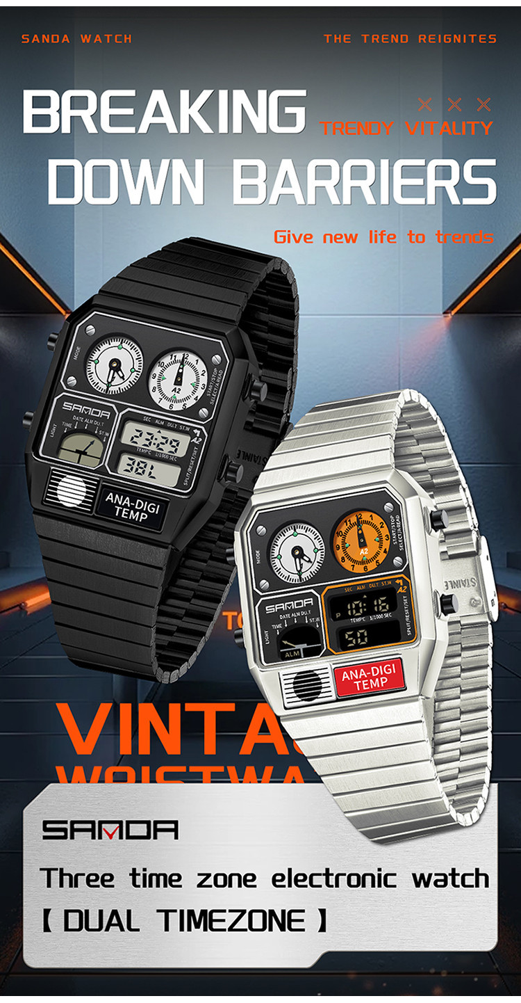Sanda Retro อินเทรนด์ Punk Dual Display Luminous กันน้ําอิเล็กทรอนิกส์ ...