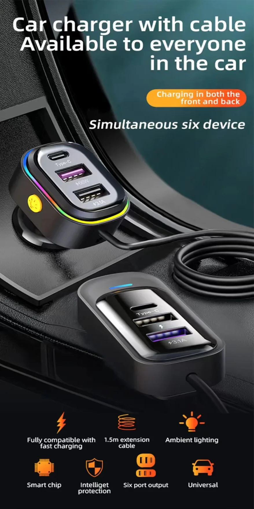ToKerNew 81W USB Car Charger Super 6 in 1 Fast Charging Type C PD 4.0 ...