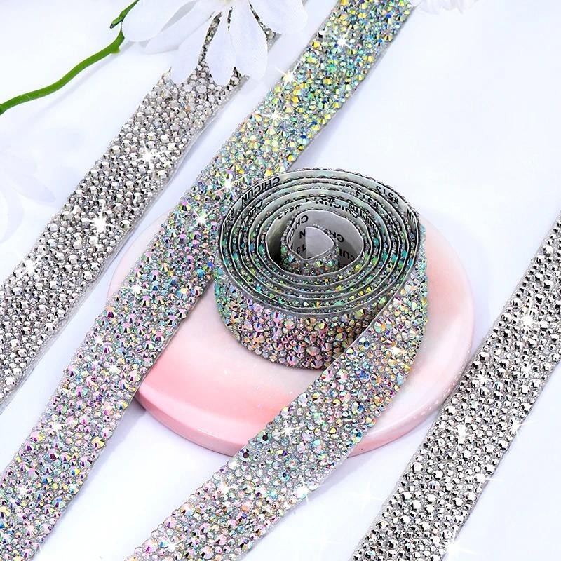 Qiao 1Yard แก้วขนาดผสมคริสตัลใส AB Rhinestone Trim สติกเกอร์ Rhinestone ...