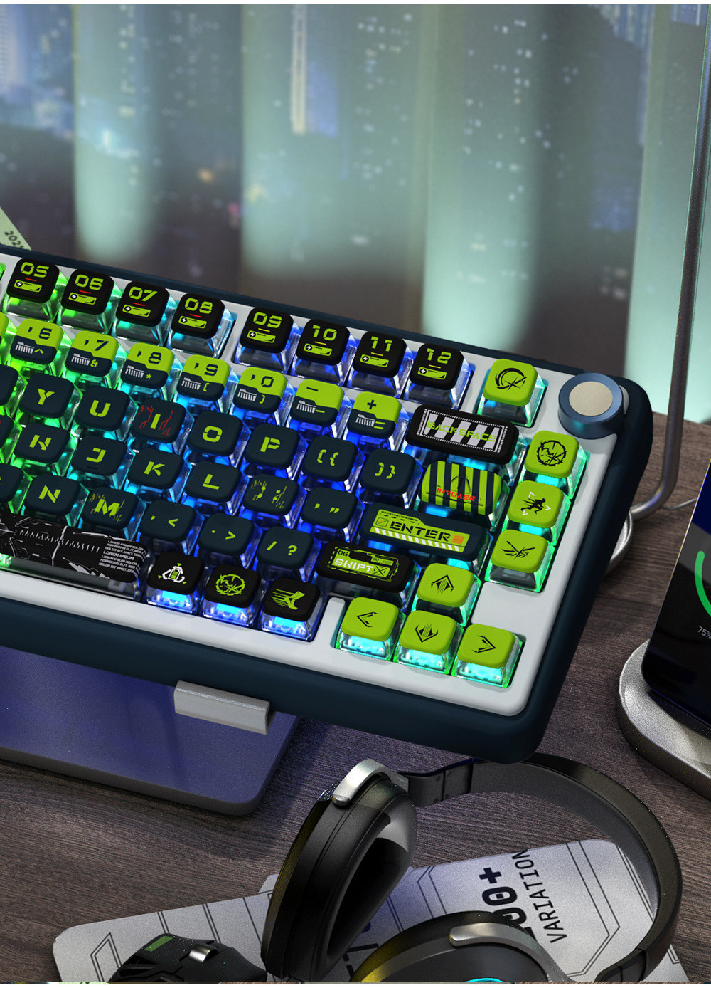 Cyberpunk Ghost Pudding Keycap MSA โปรไฟล์ PBT สี่ล้อการส่งผ่านแสง Dye ...