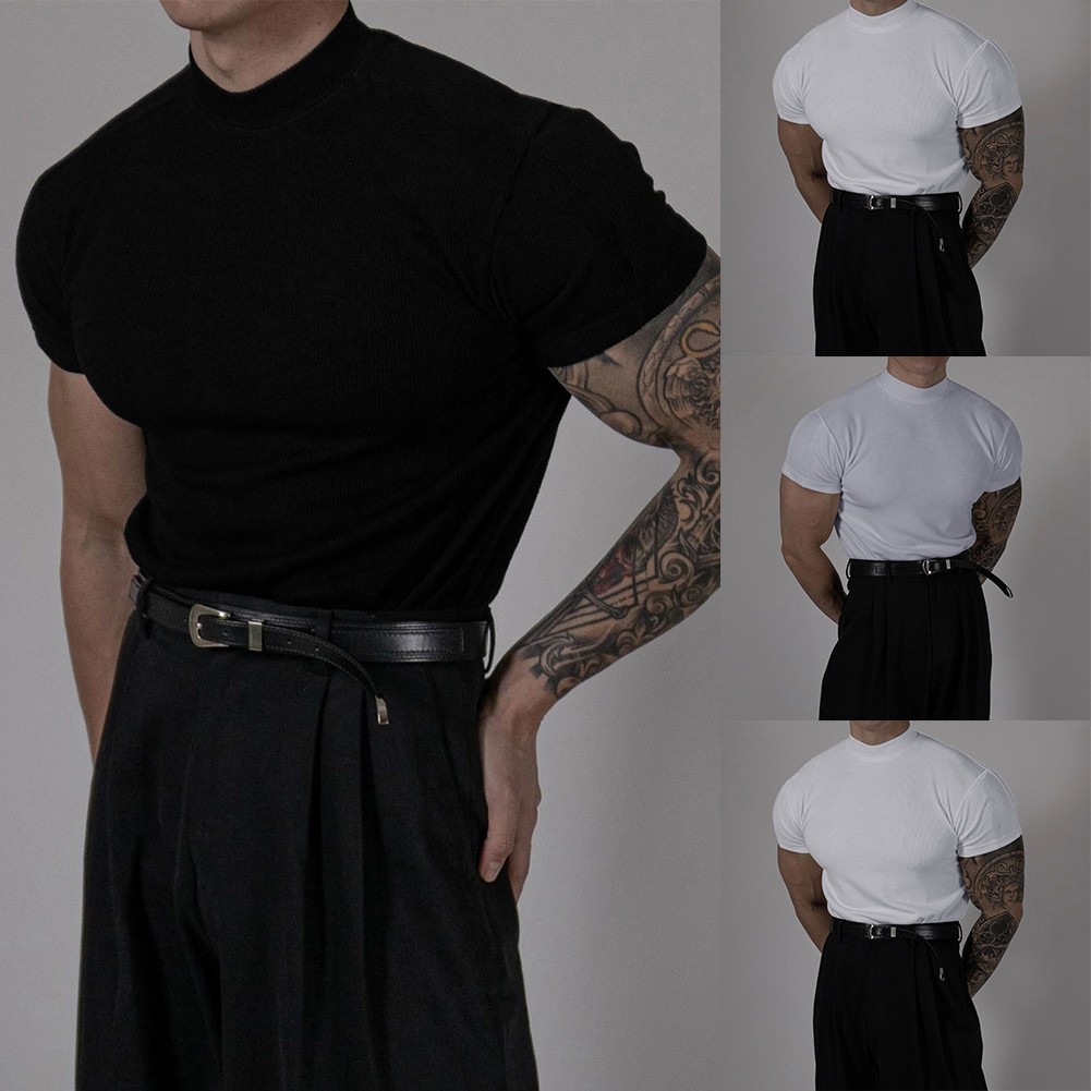[แบรนด์ใหม่] Men high collar Strip Short Sleeve Slim Muscle Fitness T ...