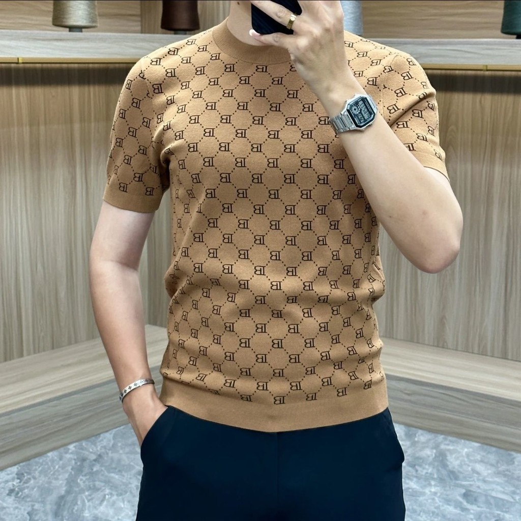♞,♘ฤดูร้อนรูปแบบใหม่เสื้อถักผู้ชายยืดผ้าไหมน้ําแข็งระบายอากาศแขนสั้น ...