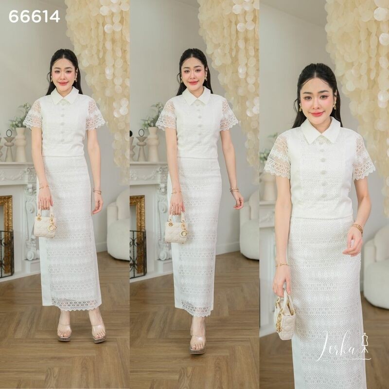 ชุดเซ็ทขาวหรู ใส่ทำบุญ งานบวช ออกงาน ลูกไม้คุณภาพ S-4XL มุมมองที่ 6
