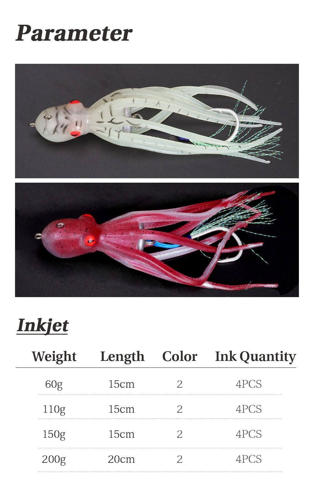 Tolure Octopus Lures 60g 110g 150g 200g 250g 300g Luminous/UV Effect ...