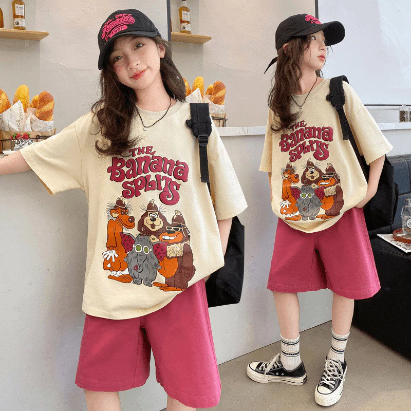 Akaki ชุดสูทแขนสั้นเด็ก สไตล์ใหม่ สไตล์ฤดูร้อนสำหรับเด็กผู้หญิง ลำลอง กีฬา ชุดสองชิ้น