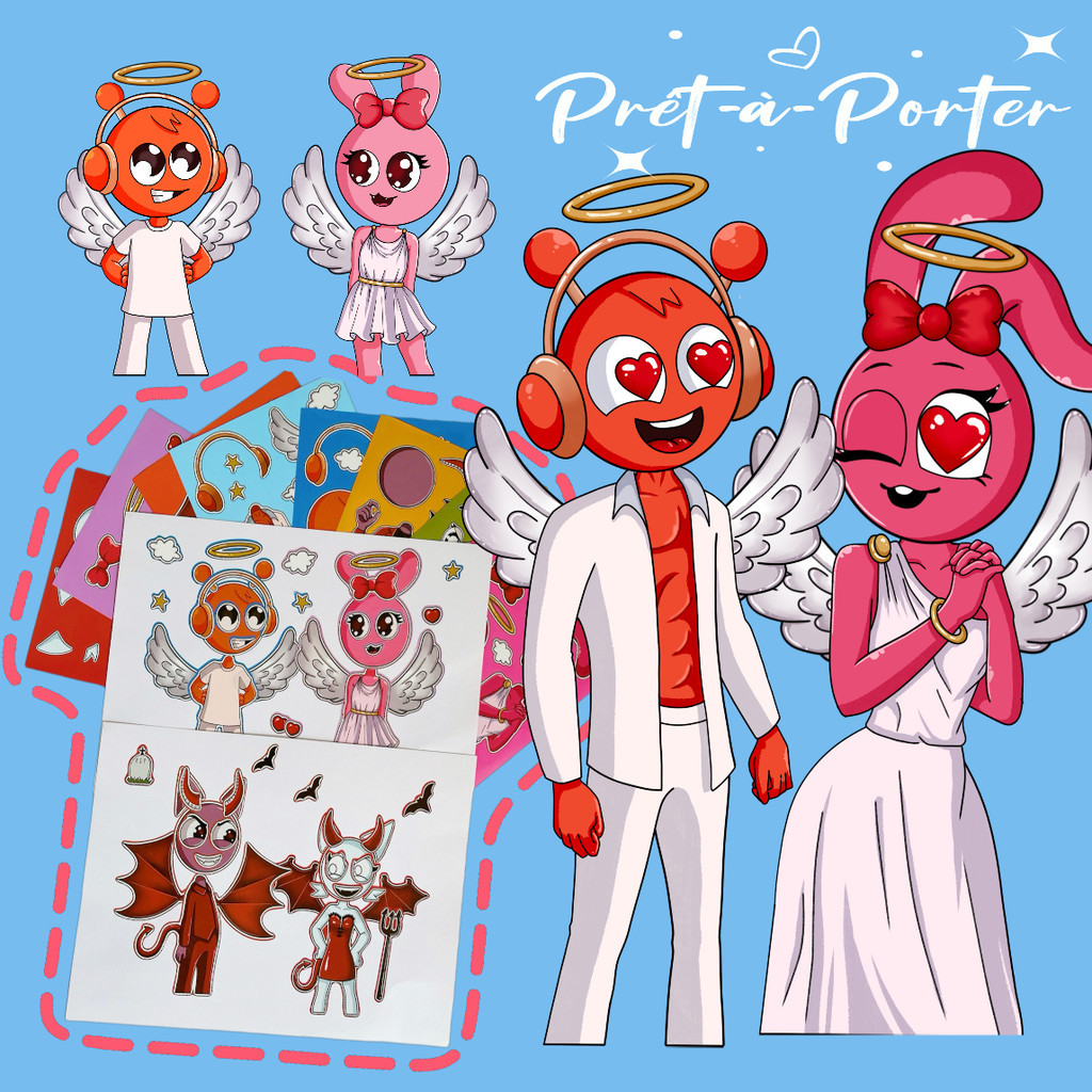 8PCS Sprunki Themed Creative Stickers Angel (Oren/สีชมพู) และ Devil (สี ...
