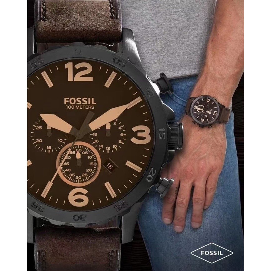 ในสต็อก Fossil Mens Nate Ion Black Dial Chronograph Leather Watch ...