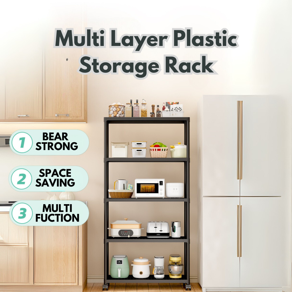 5 ชั้นพลาสติกสีดําห้องครัวคุณภาพสูงจัดระเบียบ Rack พร้อมรถเข็น Rak ...