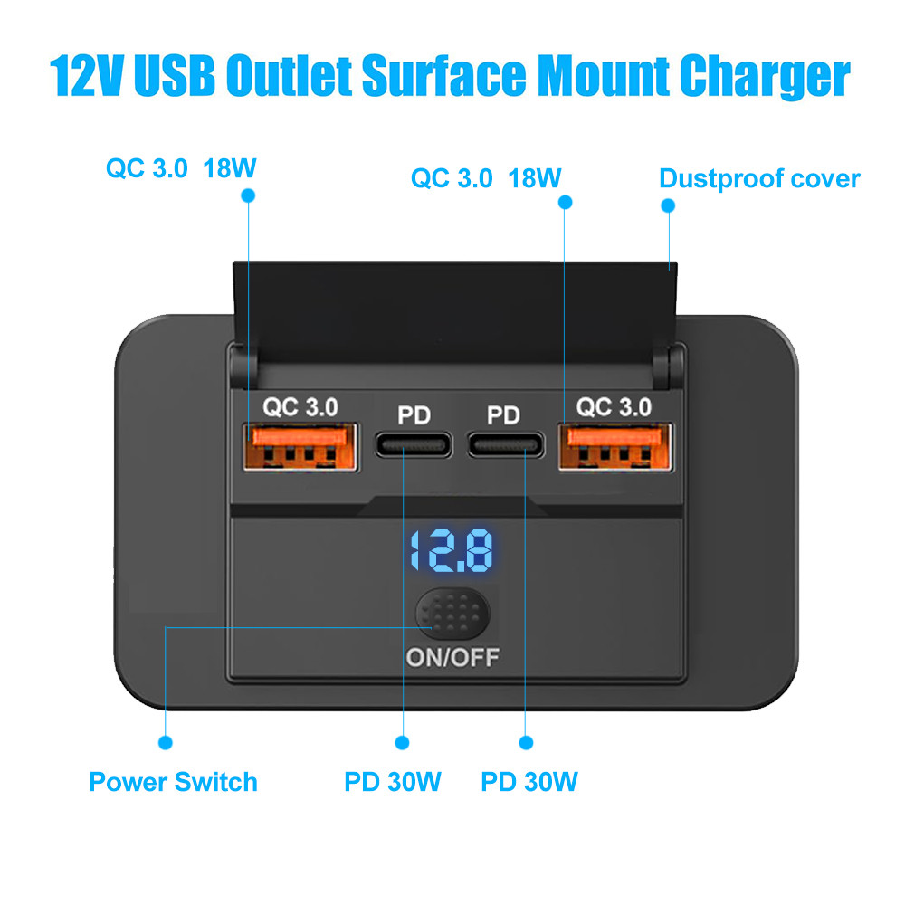 จอแสดงผลแรงดันไฟฟ้า RV USB Outlet Dual QC3.0 USB A & USB C พอร์ตชาร์จซ็ ...