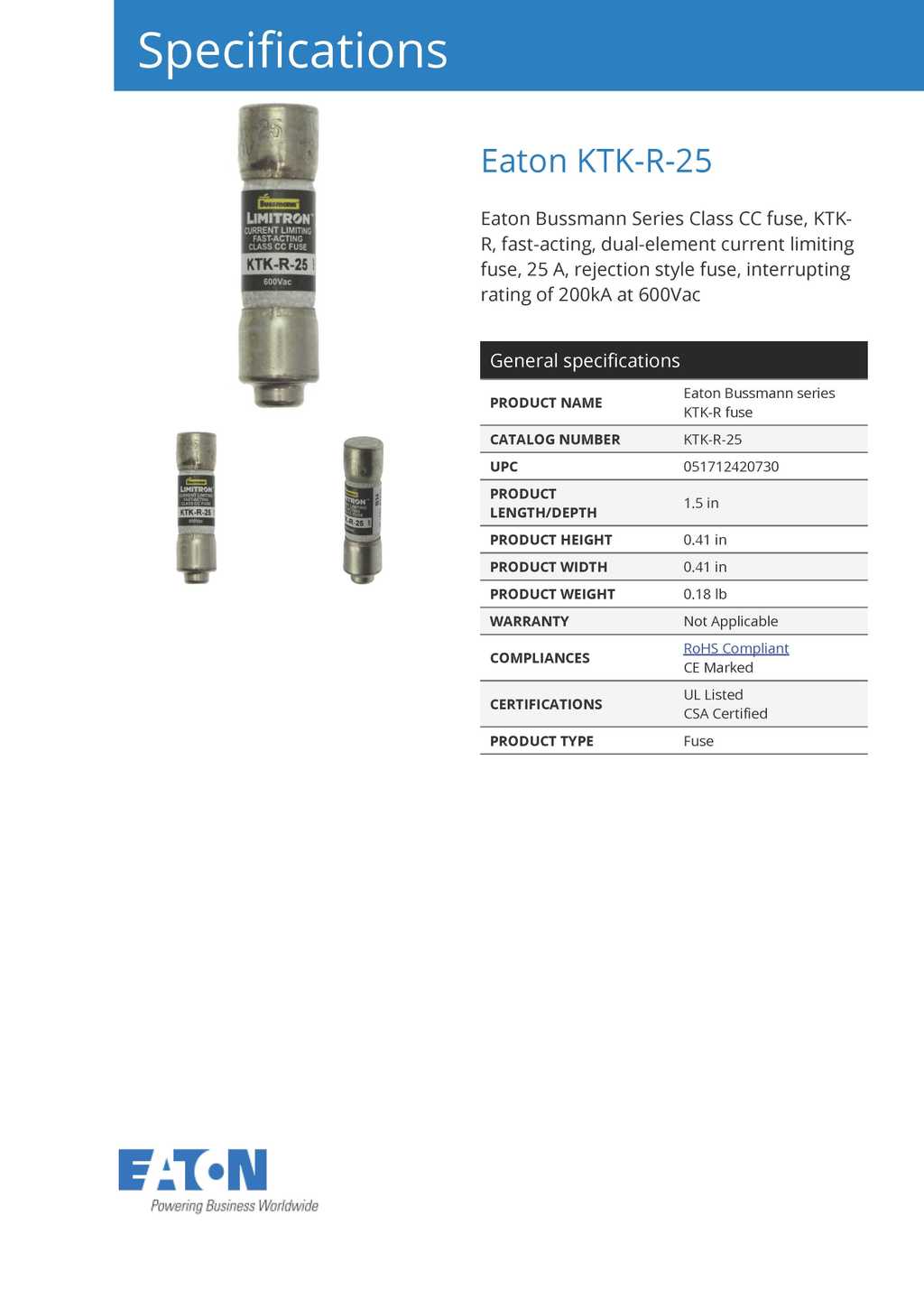 EATON Bussmann Series 25A Interrupting Rating of 200kA at 600Vac | KTK ...