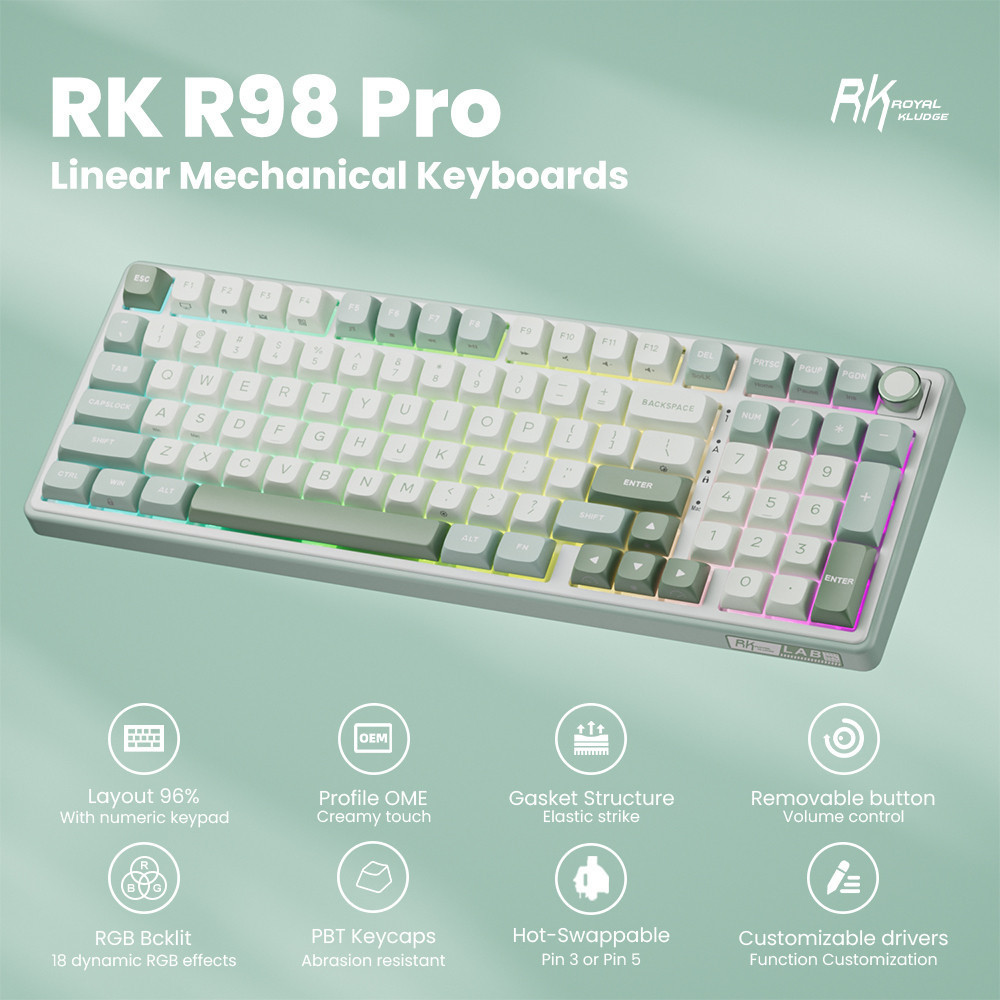 Royal Kludge RK R98Pro Sky Cyan 98 คีย์ RGB แบบมีสายพร้อมคีย์บอร์ดเชิง ...