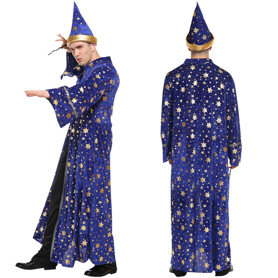 ฮาโลวีน Blue Star และ Moon Magician Wizard Robe ชุดหมวกชี้ COS ...