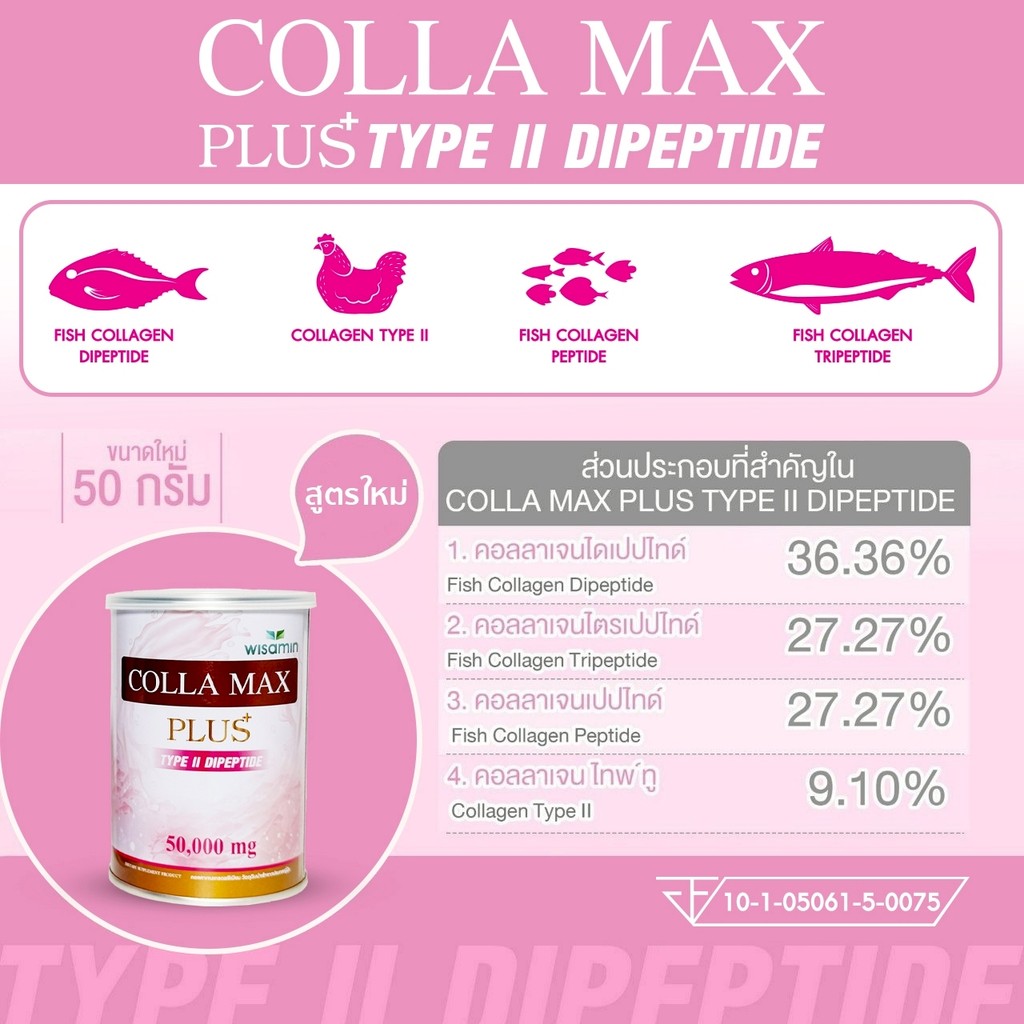 COLLA MAX PLUS เพียวคอลลาเจน 100% TYPE II DIPEPTIDE ไทพ์ทู ไดเปปไทด์ (ต ...