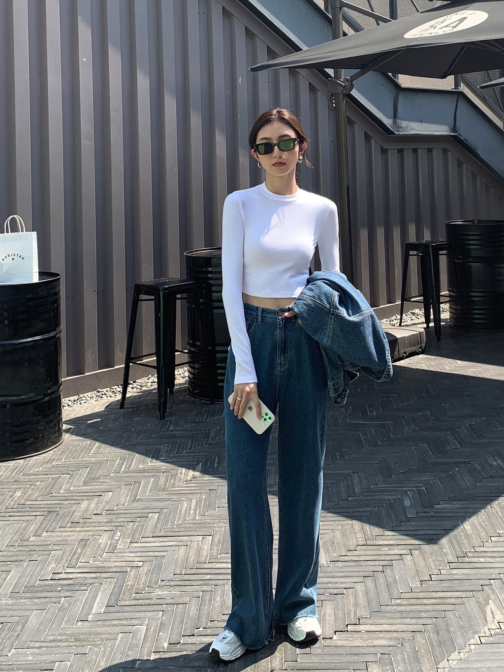 Moses Queen/Queen of Mercy เสื้อยืดครอปแขนยาวสีพื้นสไตล์เกาหลี ทรง ...