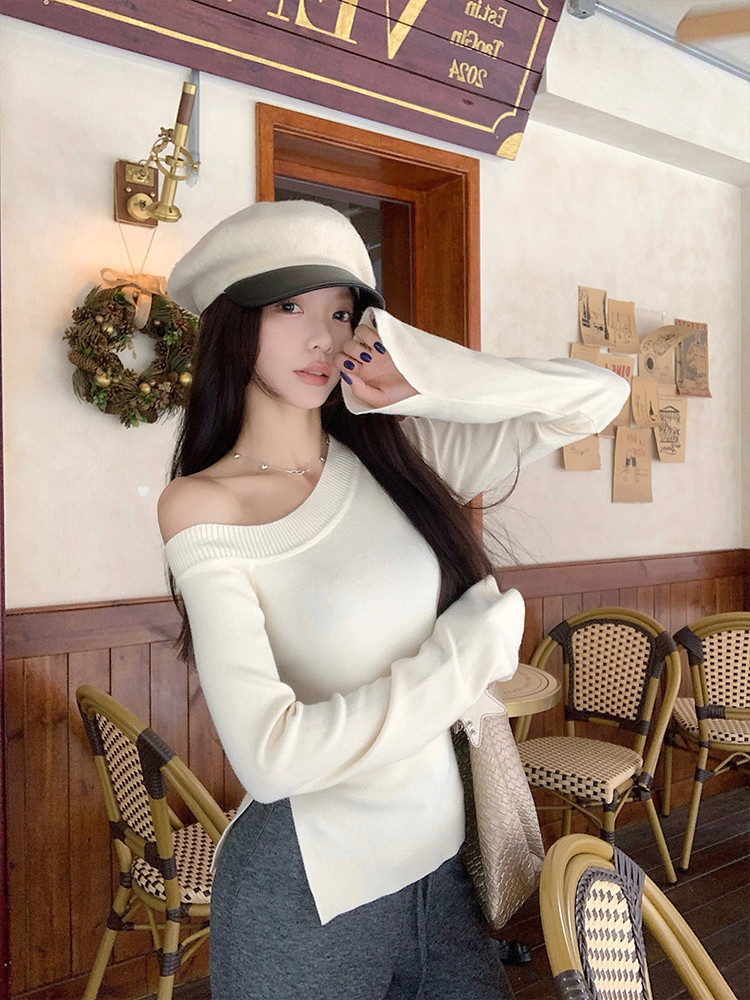 Moses Queen เสื้อไหมพรมไหล่เฉียงสไตล์เกาหลี ผ้าสีพื้นทรงเข้ารูป ...
