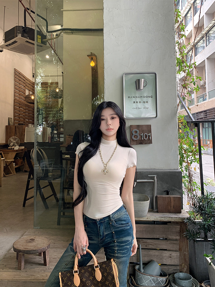 เสื้อยืดแขนสั้นคอสูงเนื้อผ้าบางเบาสำหรับผู้หญิง เสื้อตัวในสุดเซ็กซี่ ...
