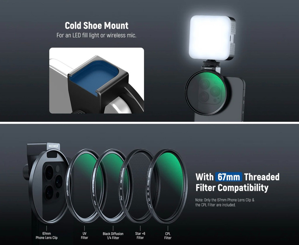 NEEWER 67mm ND2-ND400 Filter Adapter พร้อมฝาปิดเลนส์ คลิปหนีบมือถือ ...