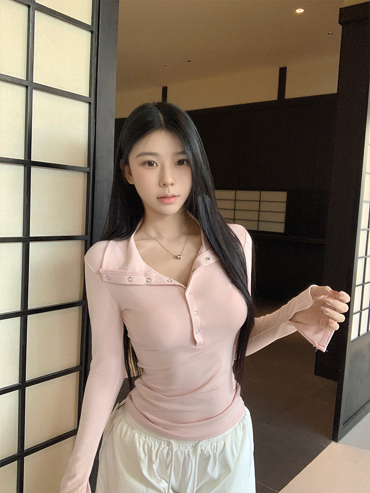 เสื้อยืดแขนยาวคอเฮนลีย์สีฟ้าสำหรับผู้หญิง สไตล์ฤดูใบไม้ผลิ ทรงเข้ารูป ...