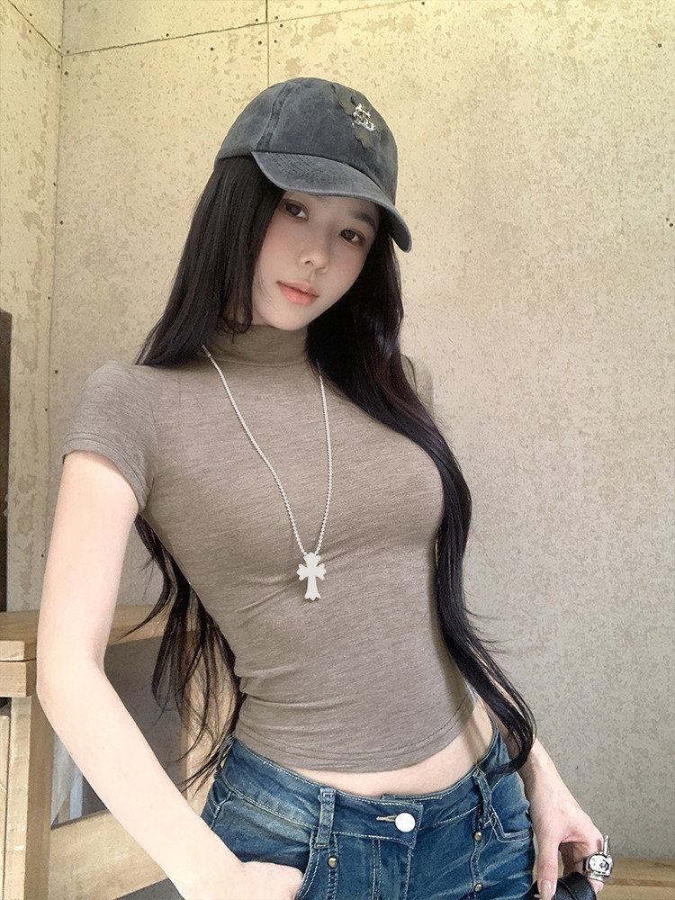 เสื้อยืดแขนสั้นคอสูงเนื้อผ้าบางเบาสำหรับผู้หญิง เสื้อตัวในสุดเซ็กซี่ ...