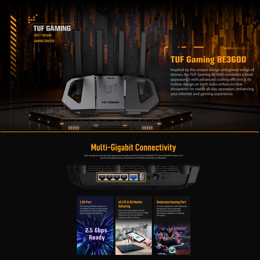 ROUTER ASUS TUF Gaming BE3600 (TUF-BE3600) WiFi 7 Dual Band Gaming ...